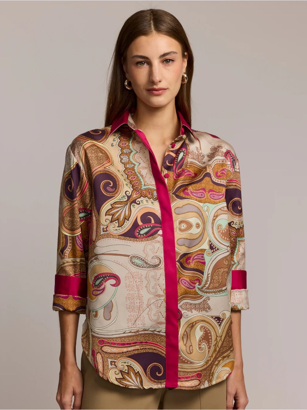 NWOT Hinson Wu Halsey Long Sleeve Scarf Print Cotton Satin Shirt Small